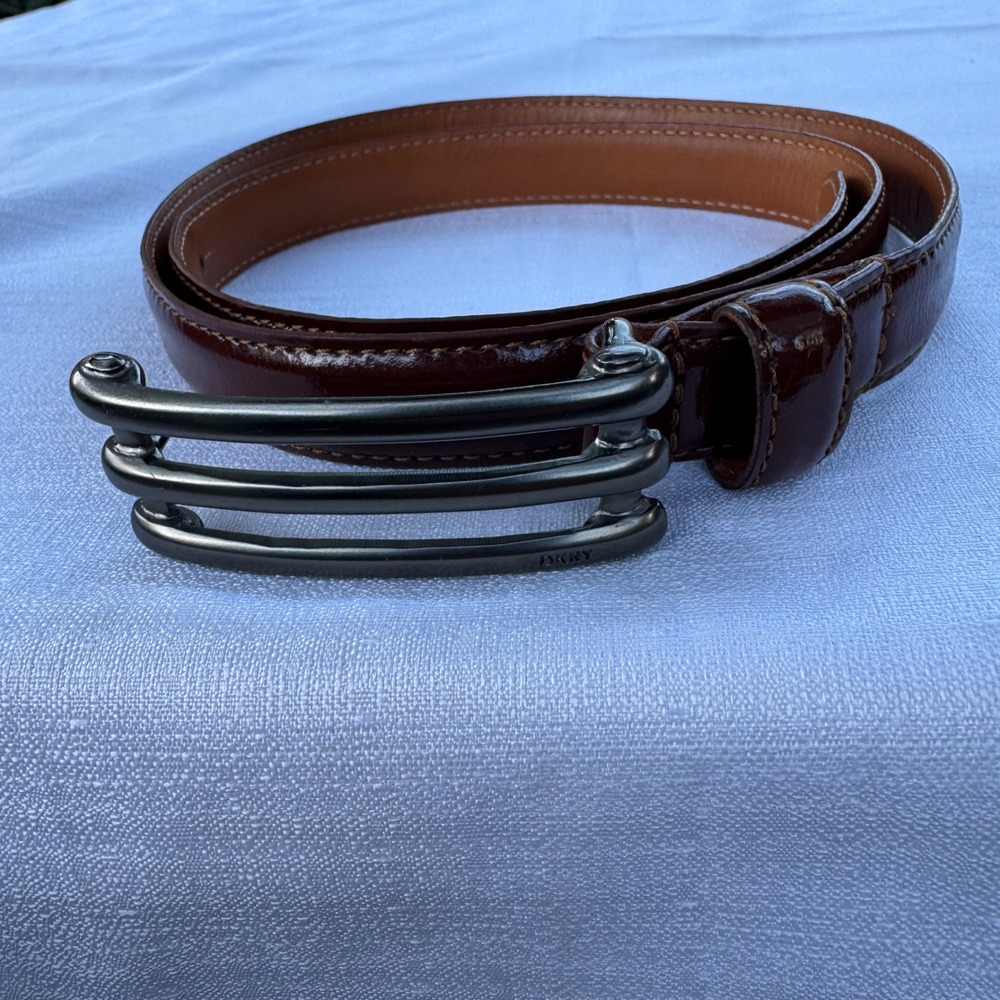 Vintage DKNY Belt Y2k L Brown Leather Gunmetal Triple Bar Buckle 90s Minimal USA